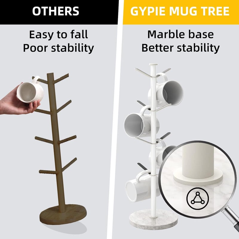 Gypie Mug Holder Tree with Marble Base, 8 Hooks White Coffee Cups Holder Stand, New Upgrad Stable Removable Mug Rack for Kitchen Cafe - Image 2